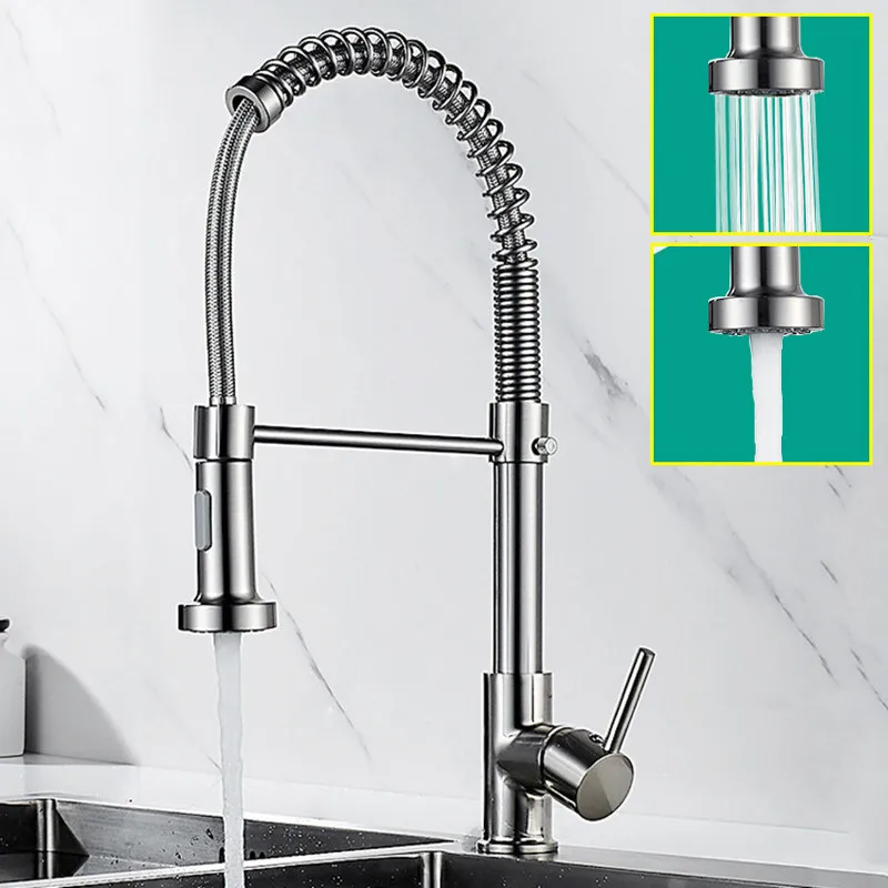 

Brushed Brass Nickel Hot and Cold Kitchen Sink Faucets 360 Rotation Single Lever Pull Out Spring Spout Water Mixers Tap Crane