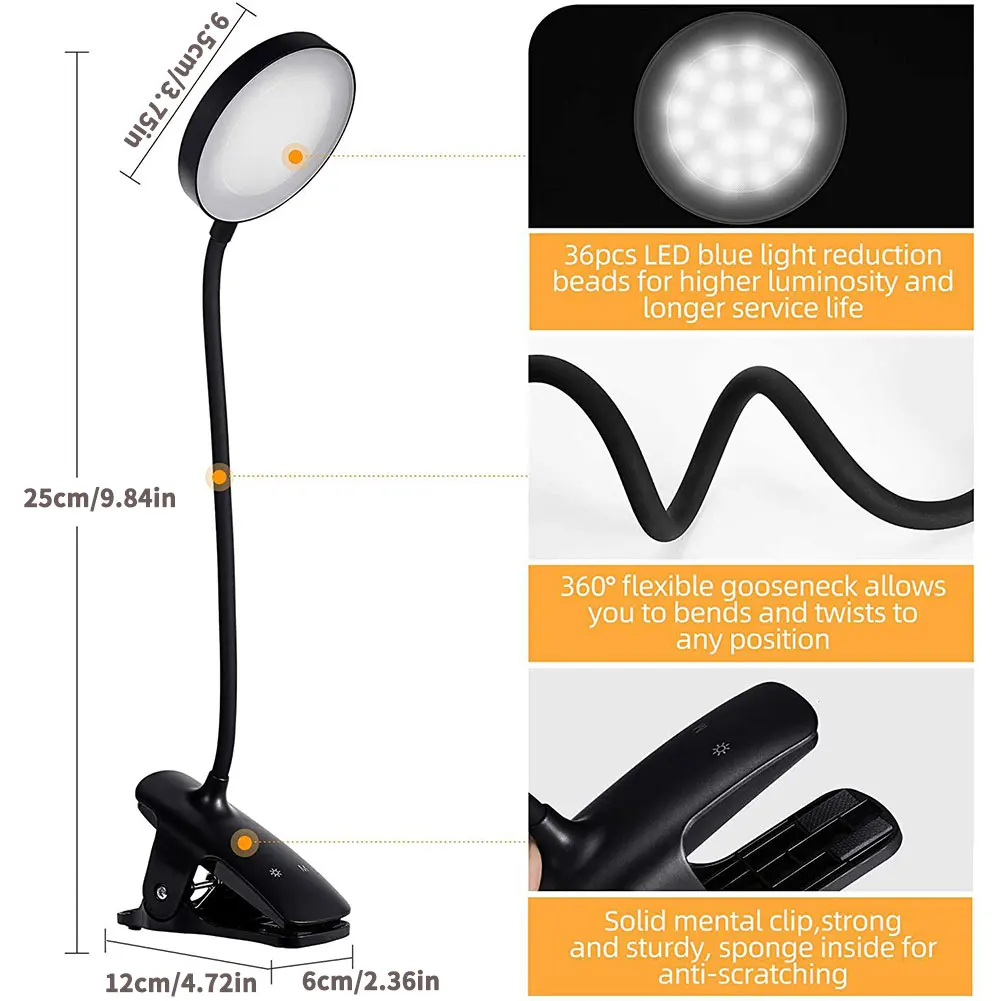 

LED Three-Speed Touch Dimming Reading Lamp USB Charging Plug-In White Warm Eye Protection Student Table Light Portable Lamp