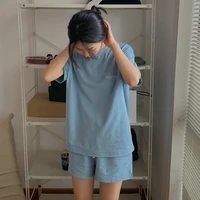 summer girls cozy home clothes women blue pink beige green short sleeve top and short two pieces pajama sets daily sleepwears
