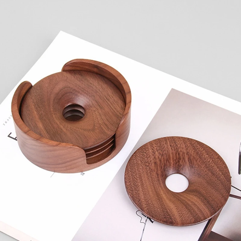 

Natural Wooden Round Coaster with Holder Rack Heat-Resistant Placemat Cup Pad