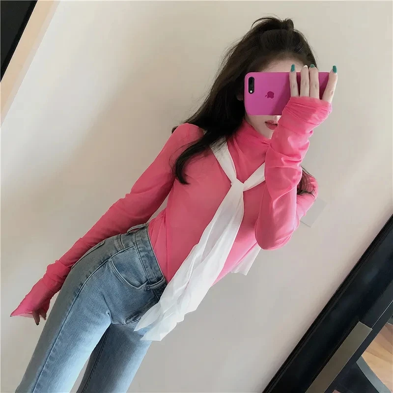 Футболка женская прозрачная сетчатая с длинным рукавом и воротником-хомутом |