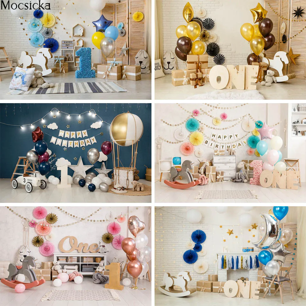 

Mocsicka фон для фотосъемвечерние новорожденных на 1-й День рождения воздушные шары автомобиль декоративный торт разбивать детей Фон для фотос...