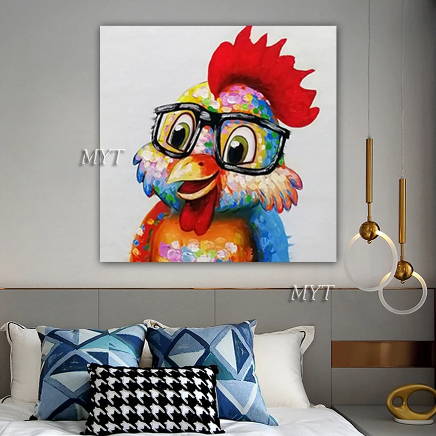 

Cute Chicken Pictures Pure Hand Painted Cartoon Animal Oil Painting Artwork Canvas Wall Art For Children Bedroom Room Decoration