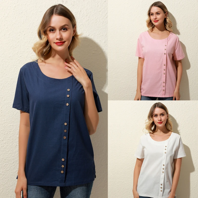

Women's Blouse Casual Solid color Tops 2022 Vintage Summer Short Sleeve Tee Shirts Female O Neck Blusas Oversized Tunic