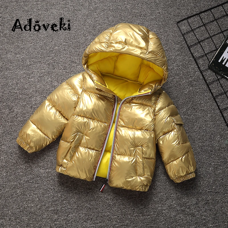 Adoveki/Новинка года; хлопковая куртка-пуховик для девочек и мальчиков; теплое зимнее пальто для малышей; модная зимняя ветрозащитная одежда с капюшоном - Цвет: Золотой
