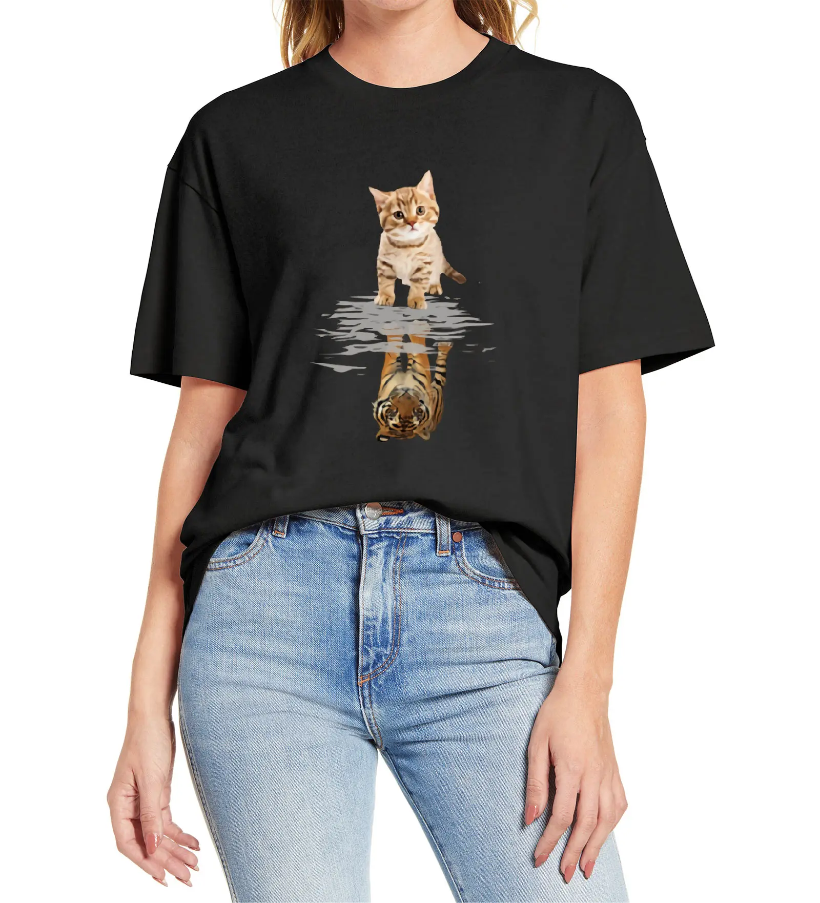 

Cat&tiger Print Aesthetic Graphic T Shirts Women's Short Sleeve Funny Unisex Tees O Neck Cotton Clothes Humor Tops Woman Tshirts