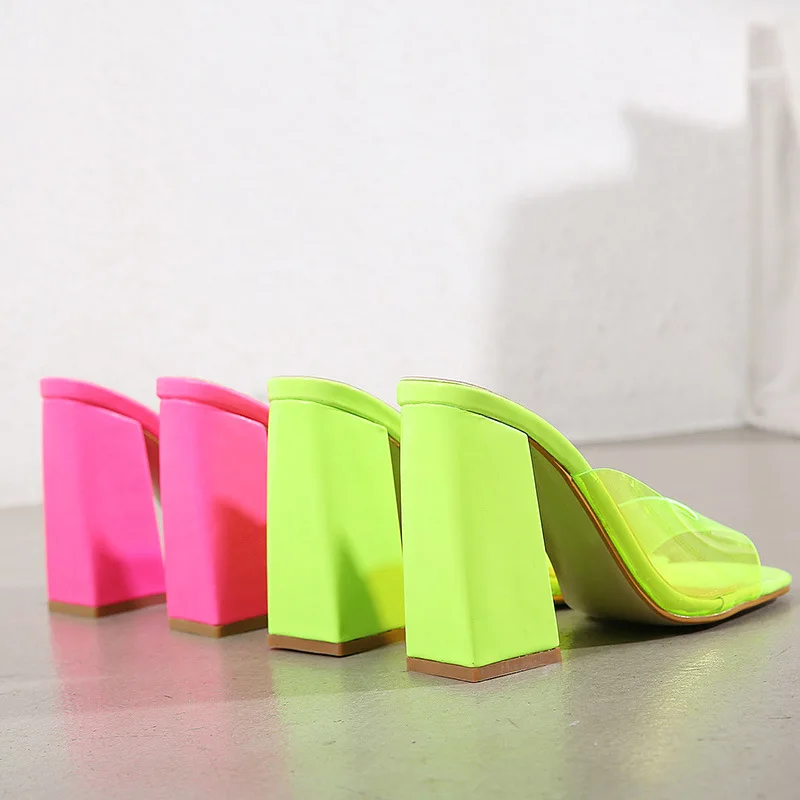 

2021 Women PVC Transparent Jelly Summer Shoes Outdoor Slippers Fashion Square Toe Sandals Chunky High Heels Sexy