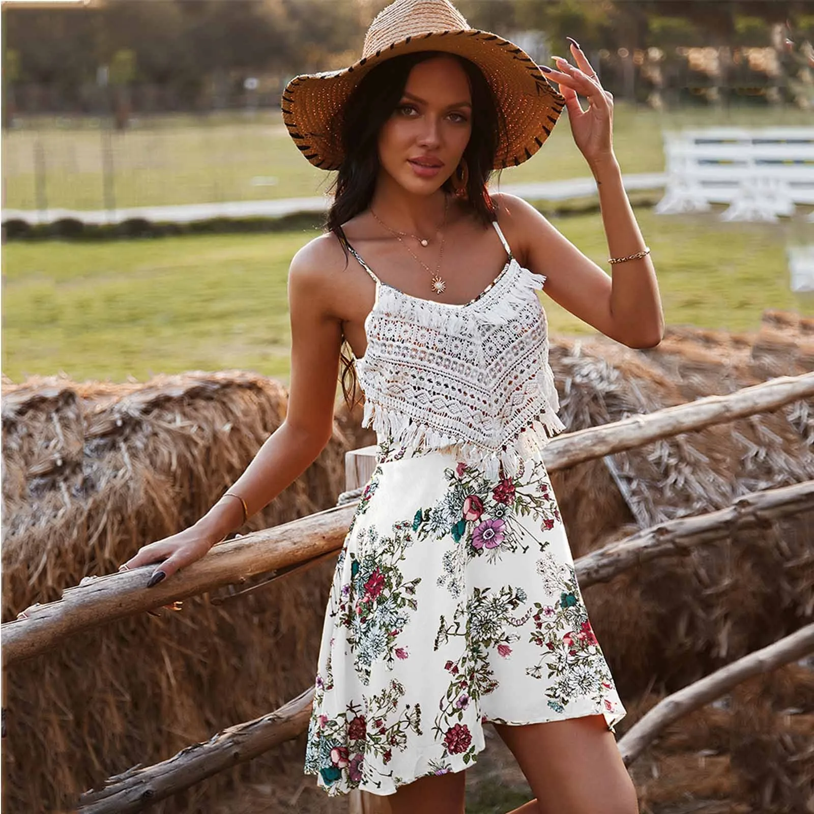 

Midi dress Women's Sexy Lace Printed Halter Sling Adjustable Strap Dress High quality Streetwear Elegance Sundress Robe Femme#G