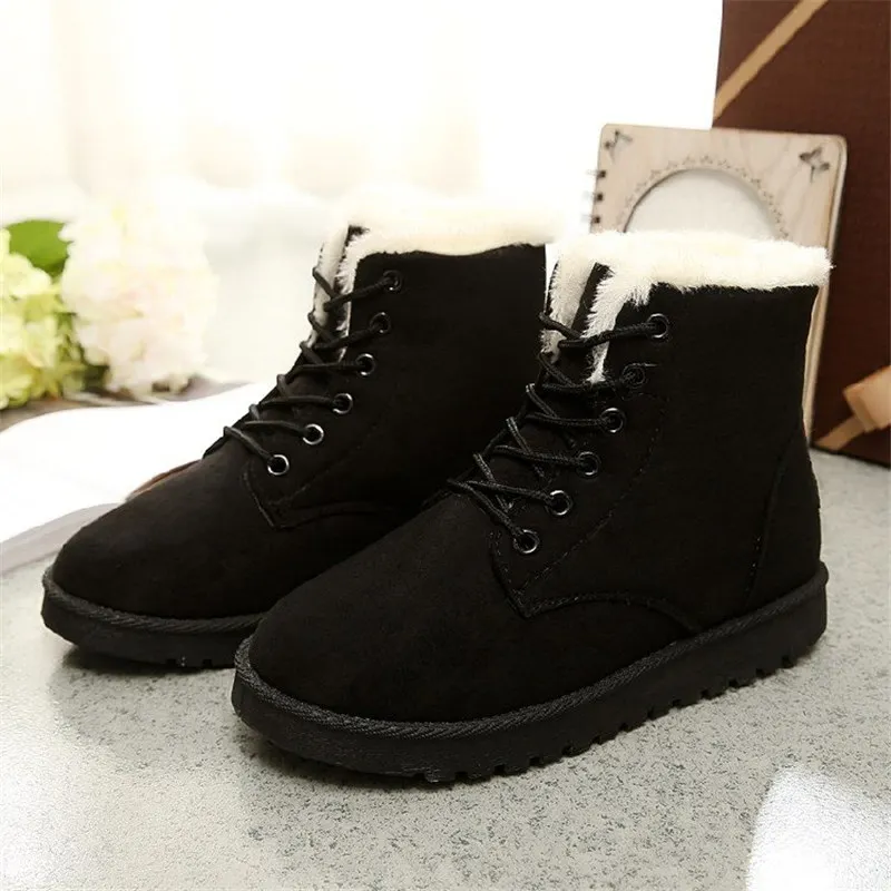 Зимние ботинки на плоской подошве женские из флока теплые меховые плюшевые
