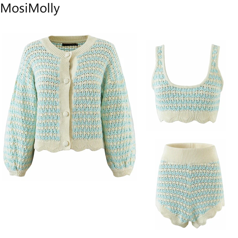 

Women Cardigan Sweater Knitting 3 Pcs Sets Sweater Sets Striped Casual Loungewear Knit Jumper 2021 AW