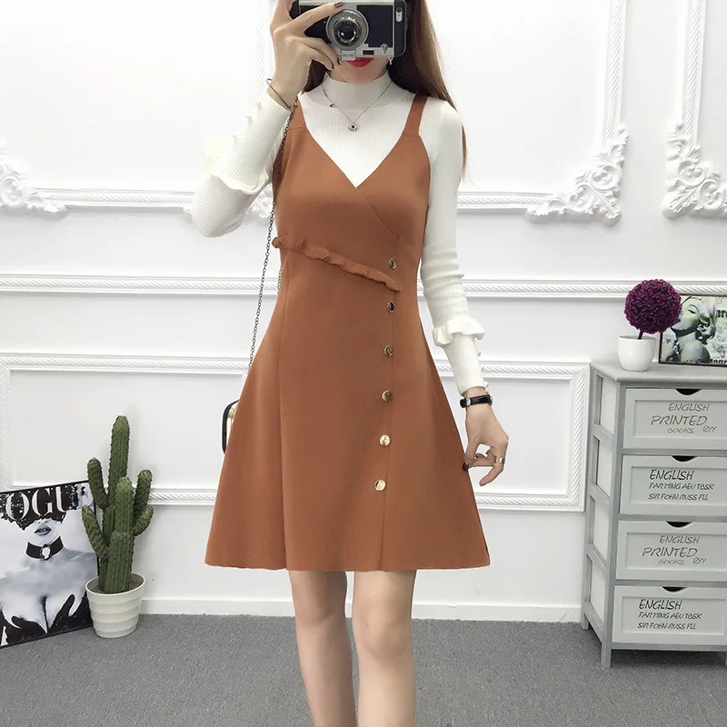 Vest skirt Khaki Корейское женское вязаное платье с глубоким v-образным вырезом без рукавов, повседневные платья-майки, женское платье, новинка, шерстяное платье, свободное платье на весну и осень - Цвет: Vest skirt Khaki