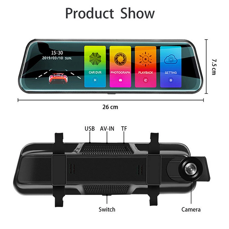 Зеркало видеорегистратор с 10 дюймовым сенсорным экраном 1080P Потоковое
