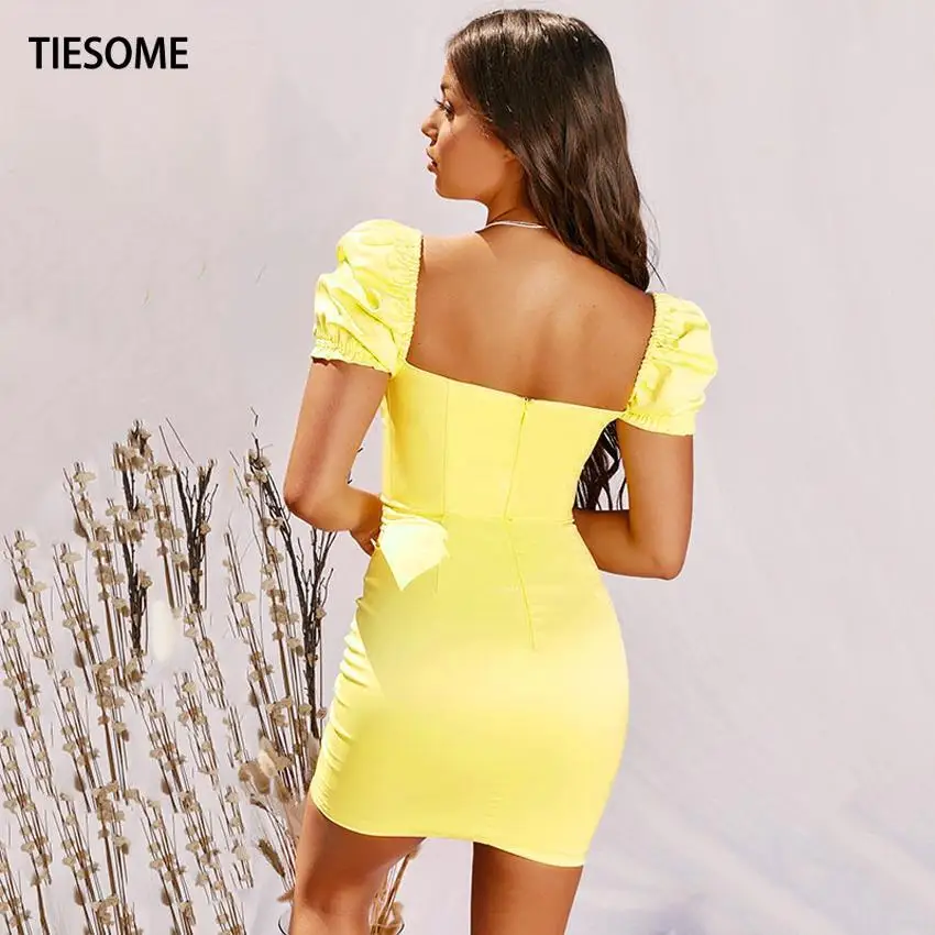 

TIESOME Summer Strapless Solid Back Zippers Women Dress Puff Sleeve Slim Mini Dresses Female Elegant Chest Loop Zipper Skinny