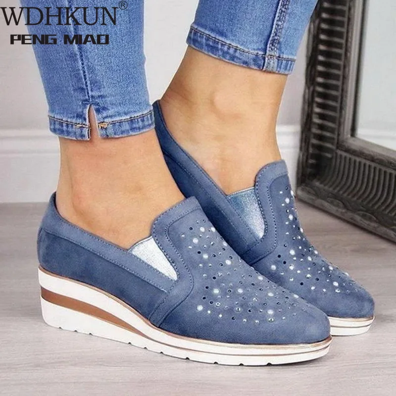 

Женские холщовые кроссовки на танкетке, дышащие, заостренный носок, сетчатая обувь, туфли-лодочки, танкетка, на платформе, лето-осень