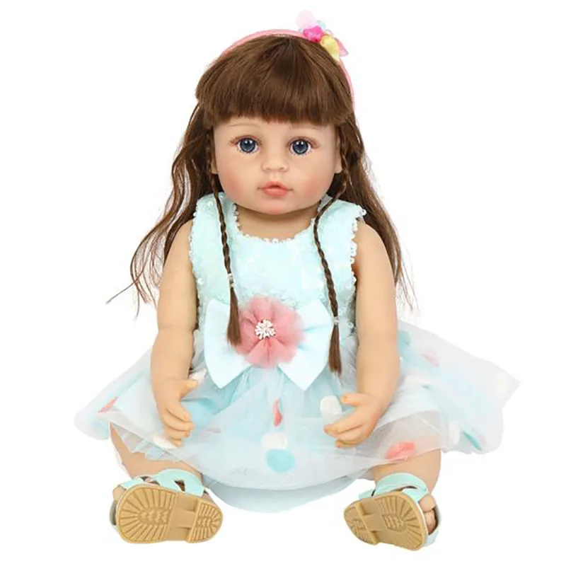 

USA Warehouse In Stock 22'' Cute Blue Polka Dot Skirt Girl Baby Doll All-Plastic Simulation Doll with Pacifier Nursing Bottle
