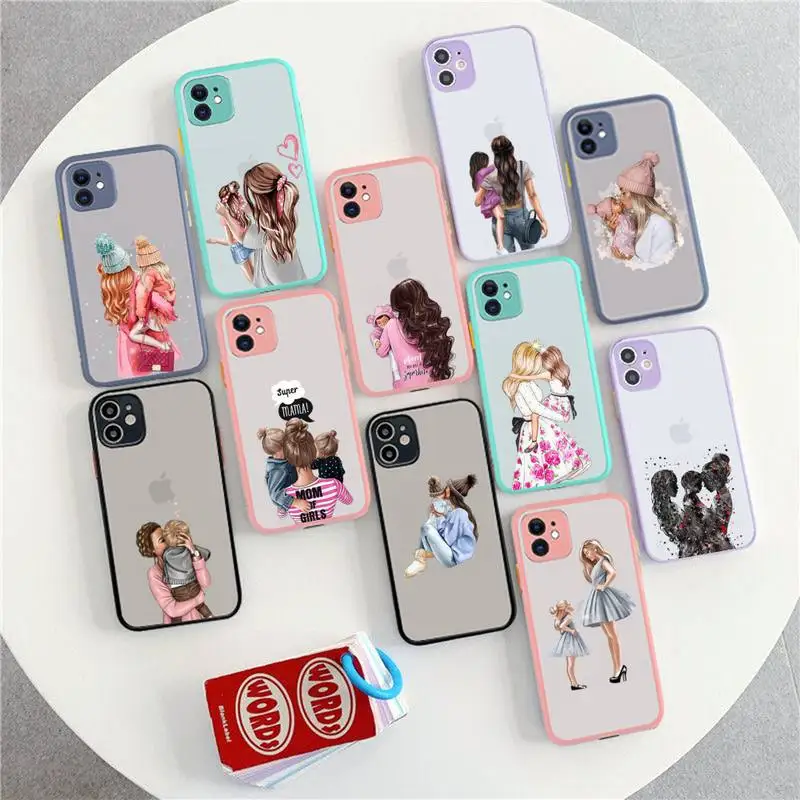 

FHNBLJ Baby Mom Girls Phone Case for iPhone X XR XS 7 8 Plus 11 12 13 pro MAX 13mini Translucent Matte Shockproof Case