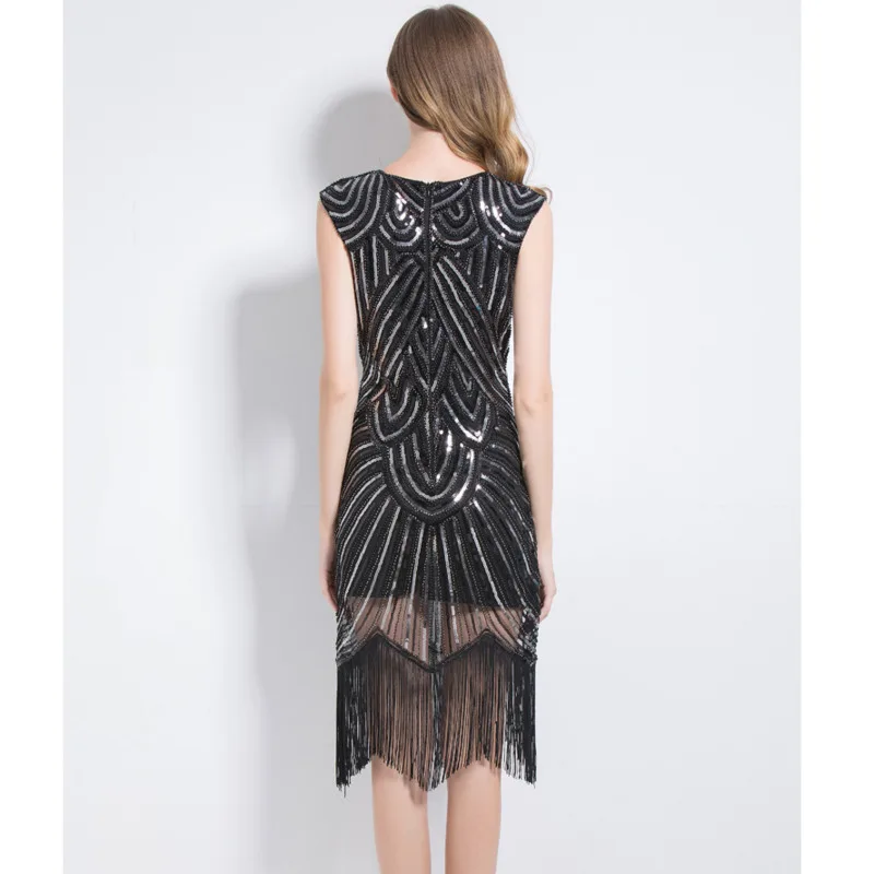 

New European High-quality Luxury Women Dress Fashion Elegant sexy Vintage Beaded Slim Fringed Party Club Ladies Sequin Dresses