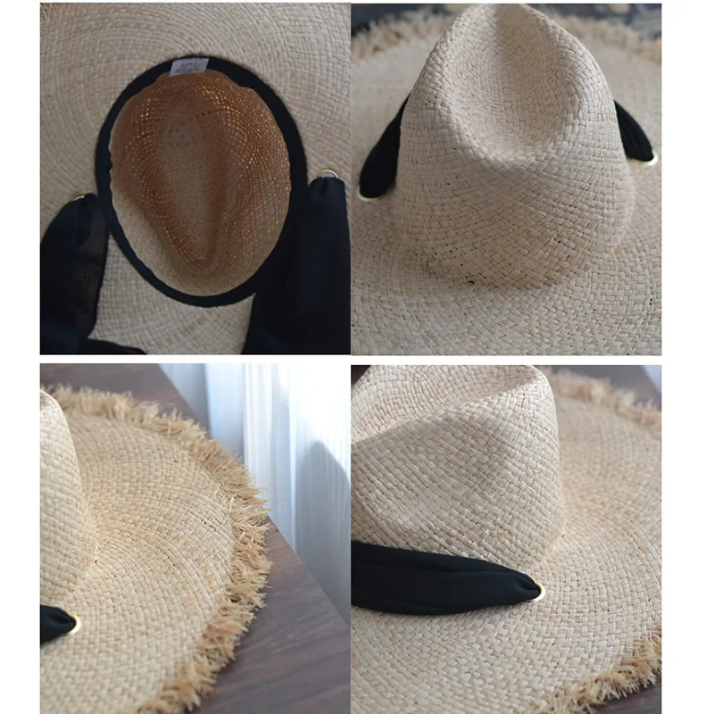 

Handmade Weave 100%Raffia Sun Hats For Women Black Ribbon Lace Up Large Brim Straw Hat Outdoor Beach Summer Caps Chapeu Feminino