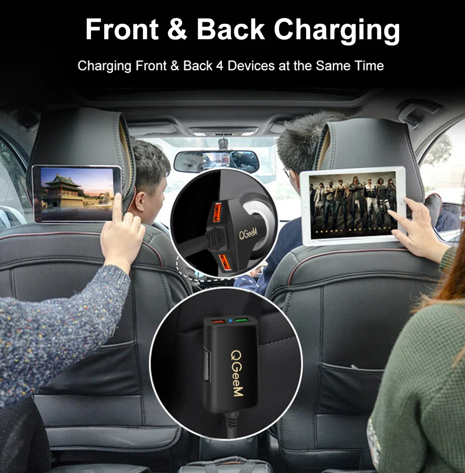 QGEEM 4 USB Автомобильное зарядное устройство для iPhone Quick Charge 3,0 Автомобильное портативное зарядное устройство молоток Передняя Задняя QC3.0 Быстрая зарядка для телефона автомобильное зарядное устройство