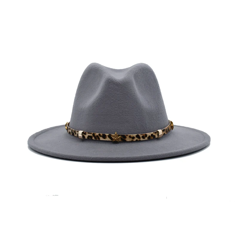 New Fashion Women Fedoras Hat Men Vintage Large Brim Jazz Hats Spring Khaki Leopard Decorative Belt Casual Hat F3