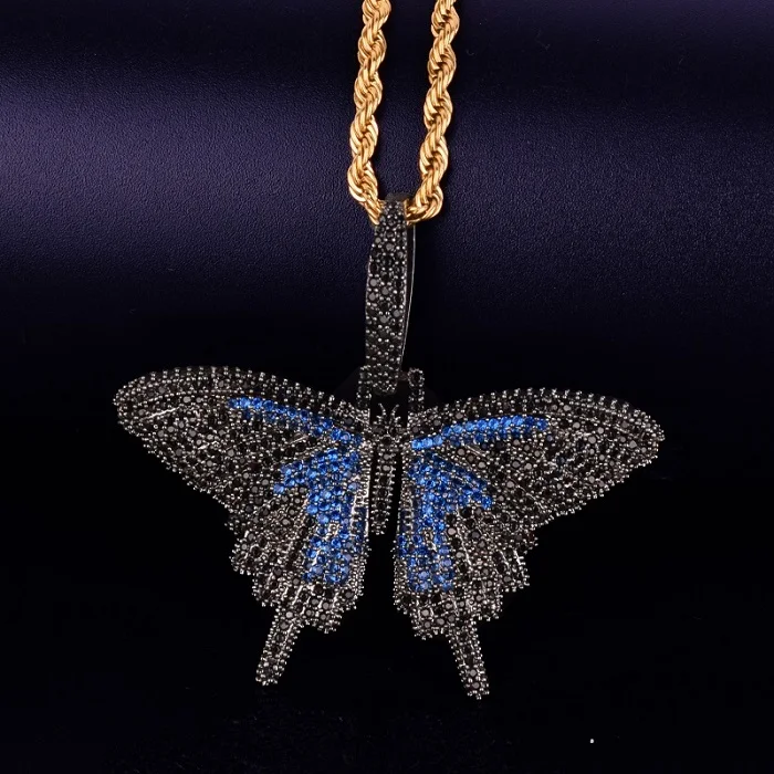 blue (gold chain) Животное Бабочка ожерелье с подвеской 4 мм теннисная цепь и кубинская цепь Золотой Серебряный кубический цирконий мужские Хип Хоп рок ювелирные изделия - Окраска металла: blue (gold chain)