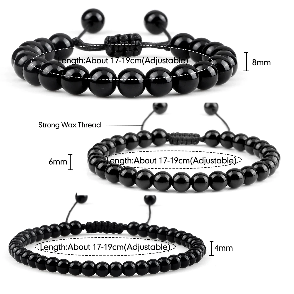Beaded Bracelet Handmade 4 6 8mm Natural Stone Shiny Black Onyx Beads Bracelets & Bangles Adjustable Size Obsidian Wrist Jewelry images - 6