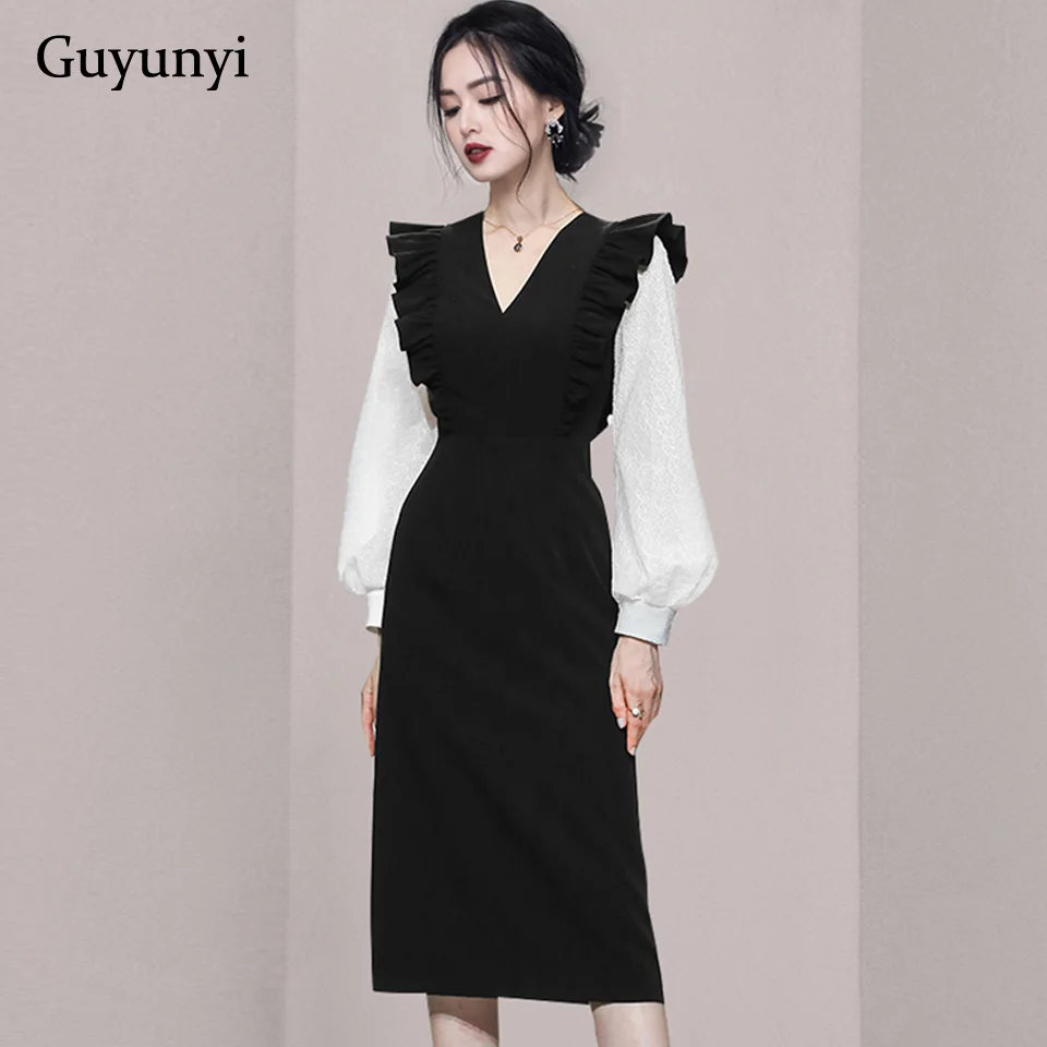 

Женское офисное платье с высокой талией, черное элегантное вечернее платье с V-образным вырезом и оборками на рукавах-фонариках, весна 2022