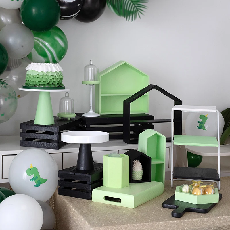 Зеленые и черные деревянные стеллажи для хранения серии динозавров декорирующие