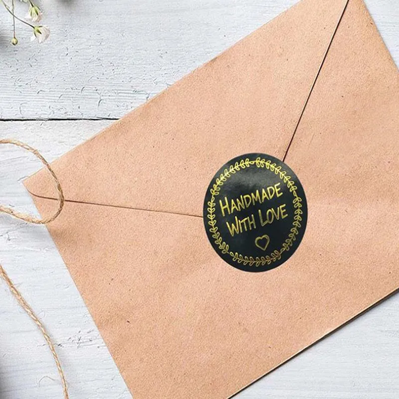 

500pcs/lot Foil Gold Handmade Sticker Gift Package Decoration 25mm Round Shape Black Party Labels 20110502