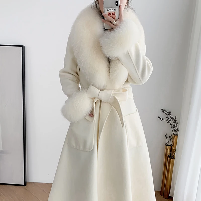 

2022 winter autumn Fashion Women long Real Wool Fur Coat with pockets Thick Warm Luxury Natural Fox Fur Collar Female coats