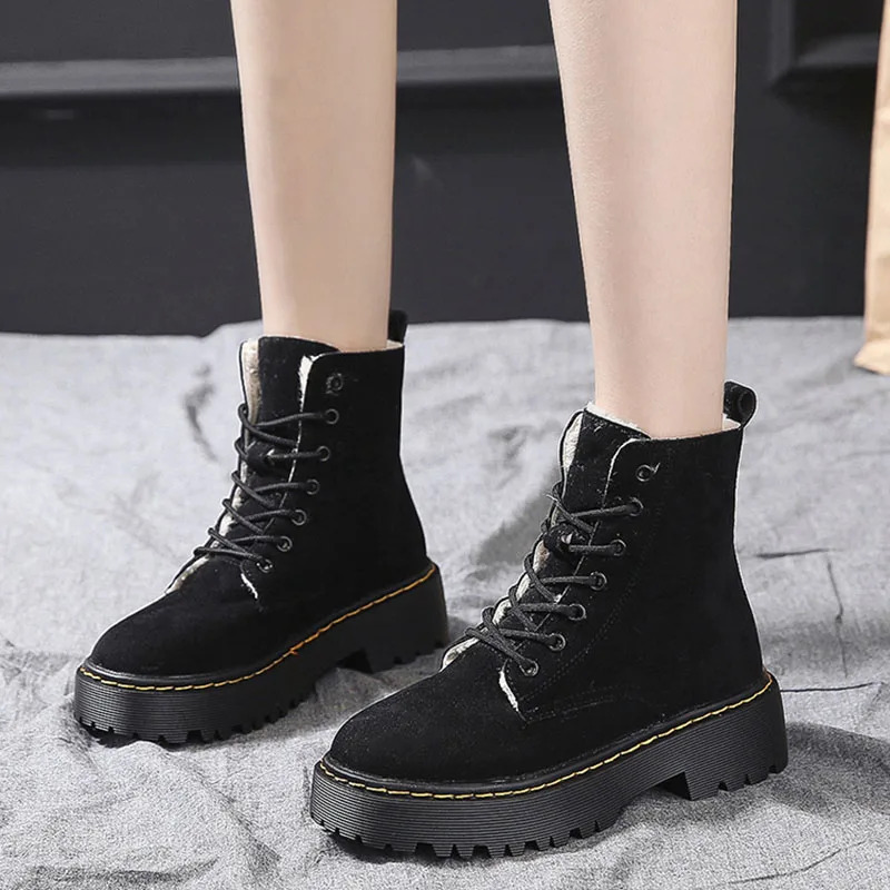 

Women Warm Plush Ankle Boots Faux Suede Winter Shoes Lace Up Platform Woman Non-slip Black Zapatos De Mujer Boots Women 35-39