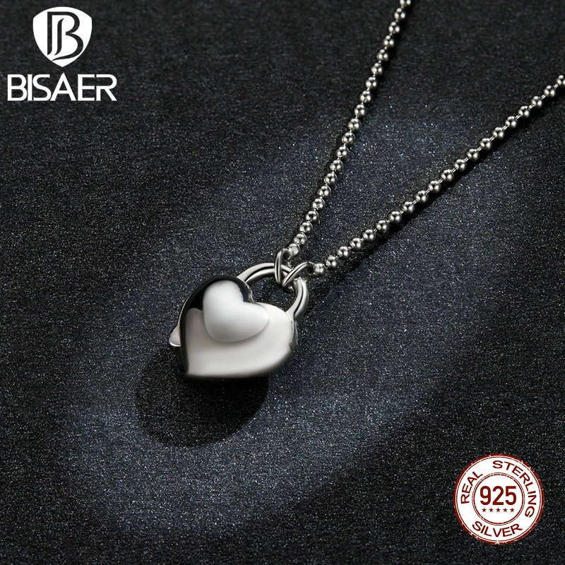 

BISAER Heart Lock Necklace For Women 925 Sterling Silver Plated Platinum Luxury Brand Fashion Jewelry Accessories Mode EFN227