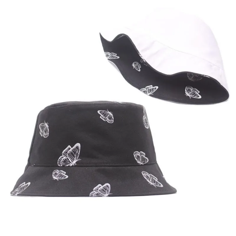 Панама женская двусторонняя с принтом бабочек милый шлем от солнца в японском