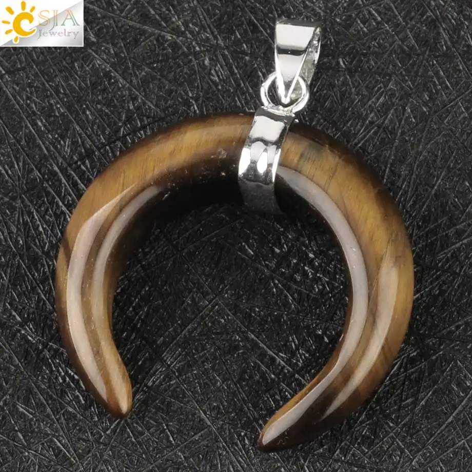 Tiger Eye Csja натуральный хрустальный каменный кулон серебряного цвета ожерелья полумесяц двойная Подвески в виде рога для женщин и мужчин целебные ювелирные изделия G159 - Окраска металла: Tiger Eye