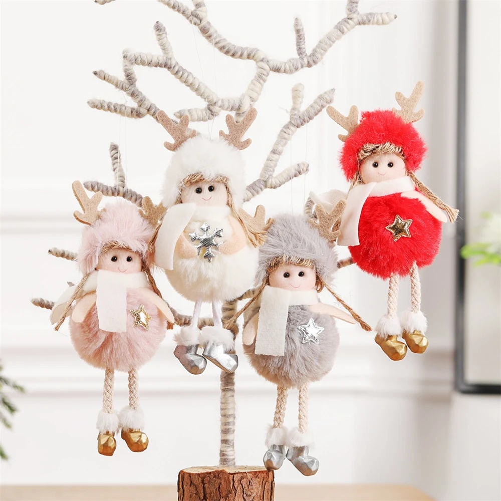 

2 Pcs Christmas Drop Ornament Pendant Snow Star Scarf Pigtail Antlers Plush Angel Doll Decoration Toys Home Decor Gifts