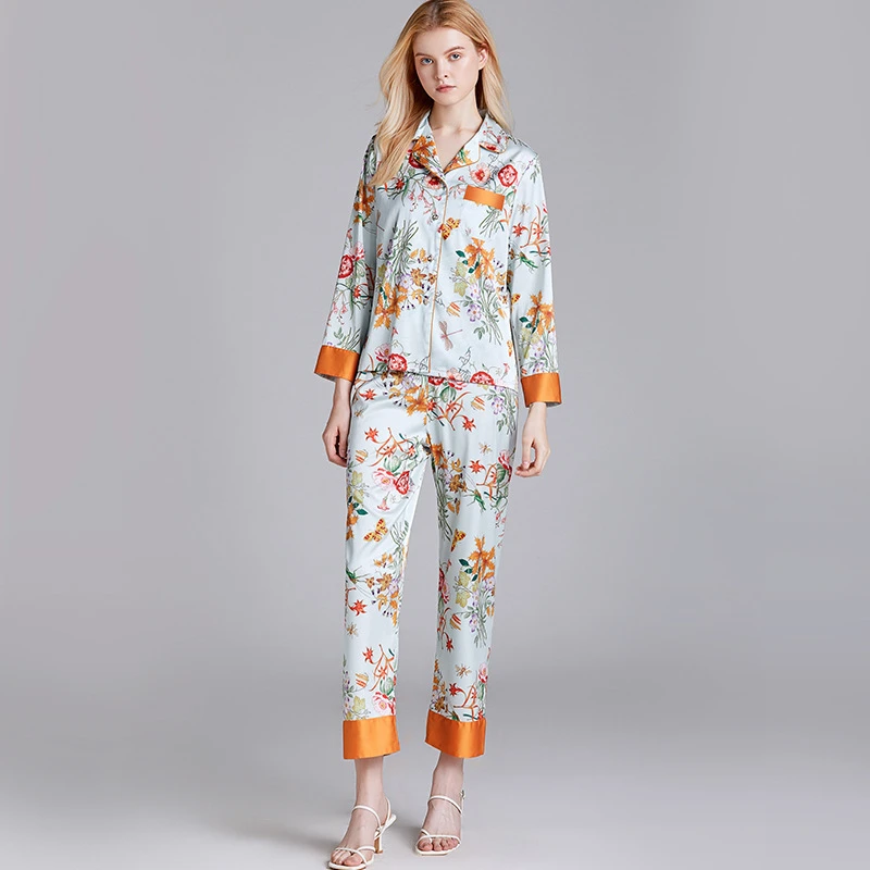 Пижамный комплект JULY'S SONG женский из искусственного шелка, атласный комплект из 2 предметов, одежда для сна с длинным рукавом и цветочным при... от AliExpress WW