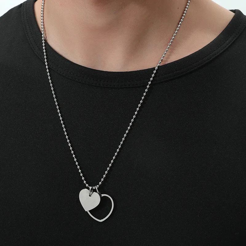 

Stainless Steel Double Heart Necklace Geometric Square Round Pendant Punk Fashion Men's Necklace Classic Jewelry Father Gift