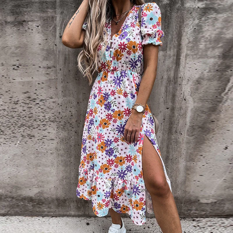 

Summer Sexy Slim Button V Neck Party Dress Elegant Gorgeous Floral Print A-Line Dress Women Fashion Short Sleeve Slit Long Dress