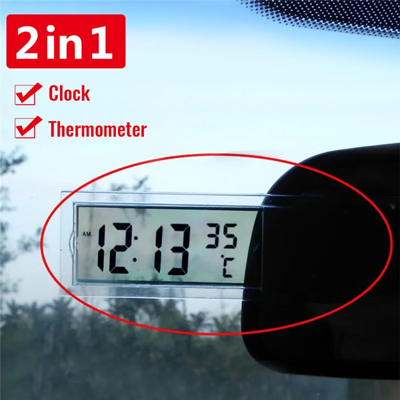 

2 in 1 Automobile Car Clock Thermometer Sucker Type Clock Thermometer Transparent LCD Digital Watch with button Cell Battery