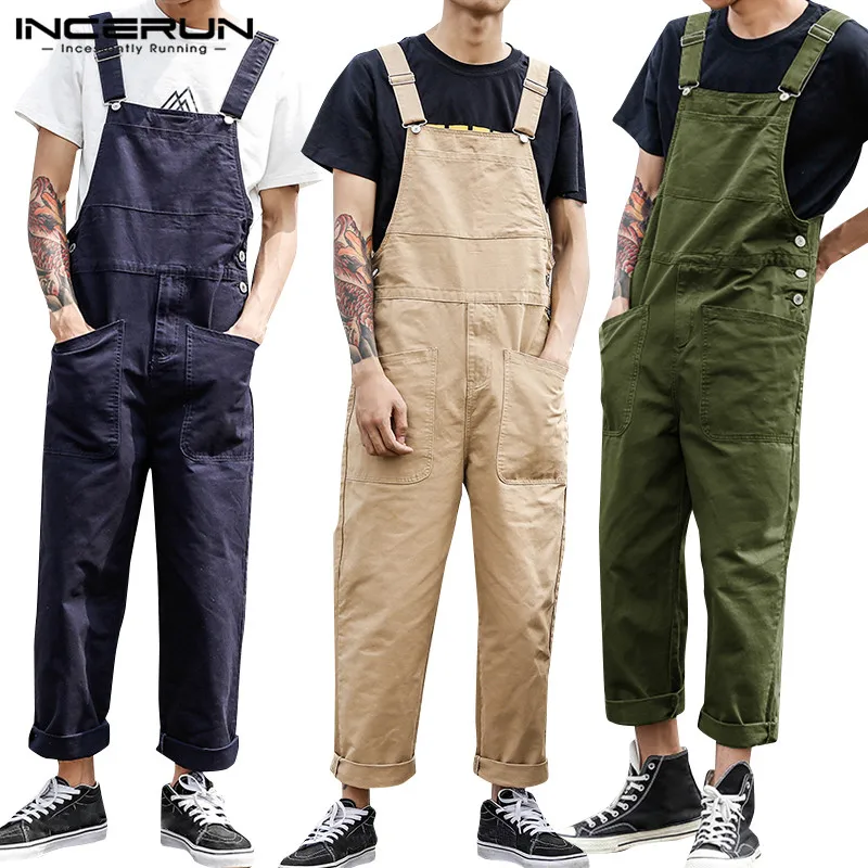 

2021 Men Bib Pants Solid Color Casual Jumpsuits Streetwear Joggers Multi Pockets Fashion Suspenders Men Cargo Overalls INCERUN 7