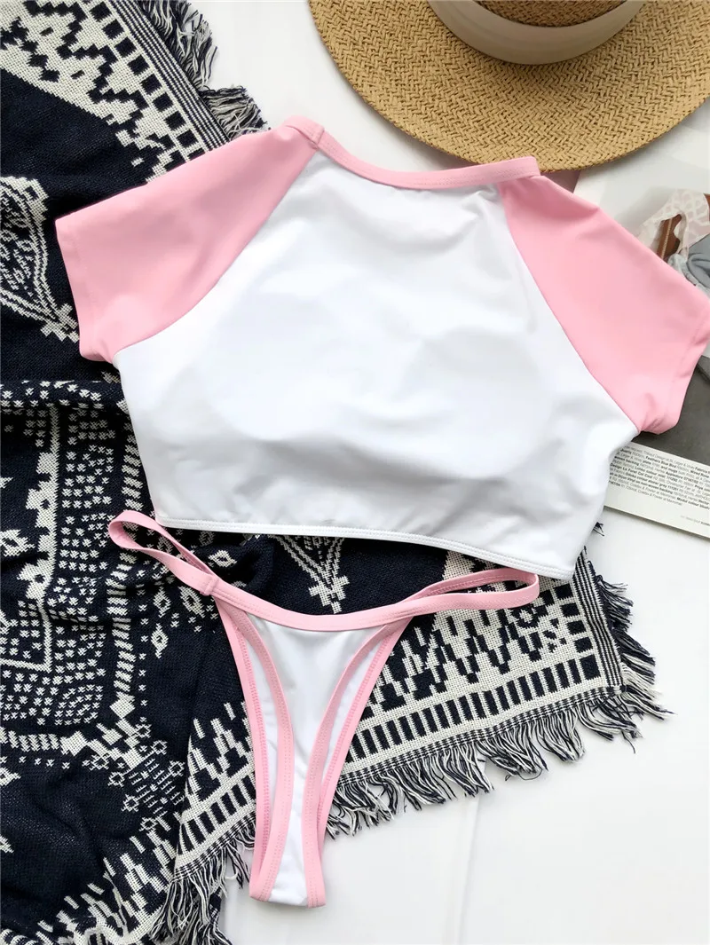 

Para Praia Sports Swimsuit 2021Short Sleeve Bikini Set Patchwork Bathing Suit Women Thong Bikini Brazalian Swim Wear