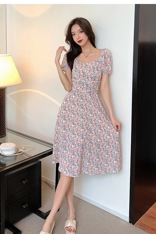 

COIGARSAM 3XL Plus Size French Style Floral Print Women dress Spring Summer Puff Sleeve High Waist V-Neck Dresses 808