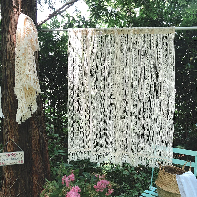 

Boho Chic Crochet Knitting Curtain for Bedroom Living Room Beige Sheer Cotton Linen Farmhouse Retro Sliding Door Window Drapes