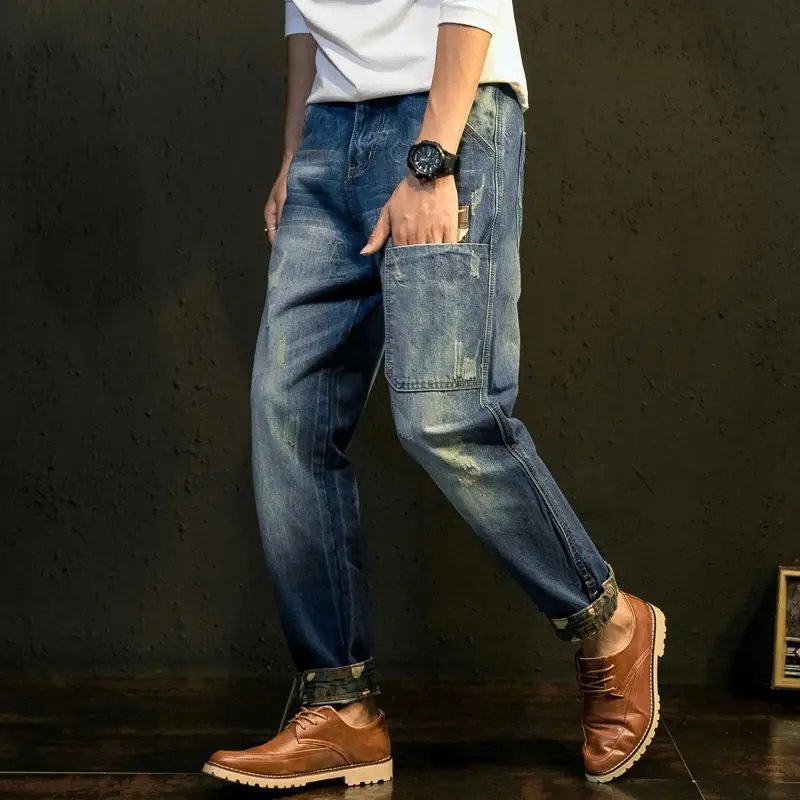 Джинсы мужские на молнии свободные штаны в стиле Харадзюку рваные брюки милитари