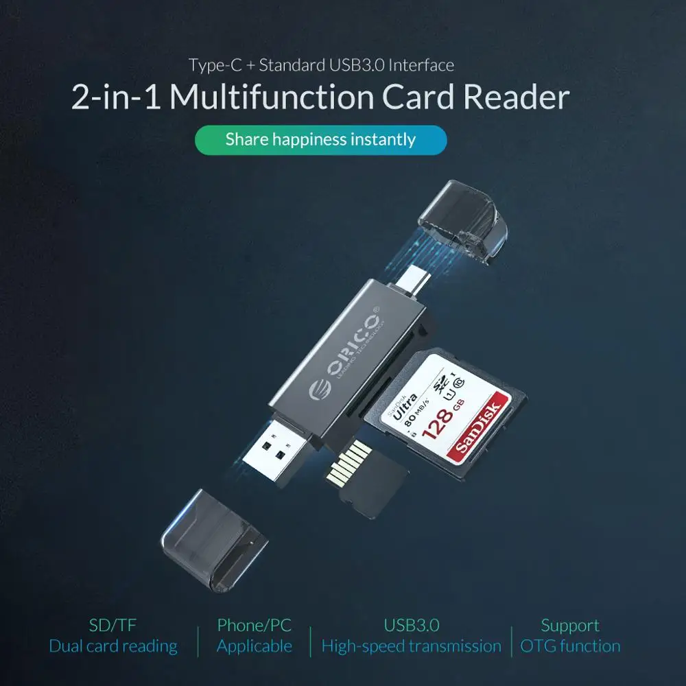 ORICO кард-ридер USB 3,0 2 в 1 SD/Micro SD TF OTG Smart memory type C кард-ридер высокоскоростной адаптер для ПК компьютера ноутбука