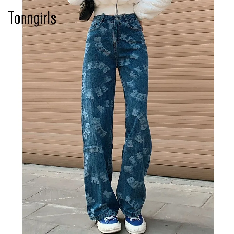 

Джинсы Tonngirls женские повседневные свободные с принтом, джинсы с широкими штанинами и высокой талией Y2k, винтажные джинсы