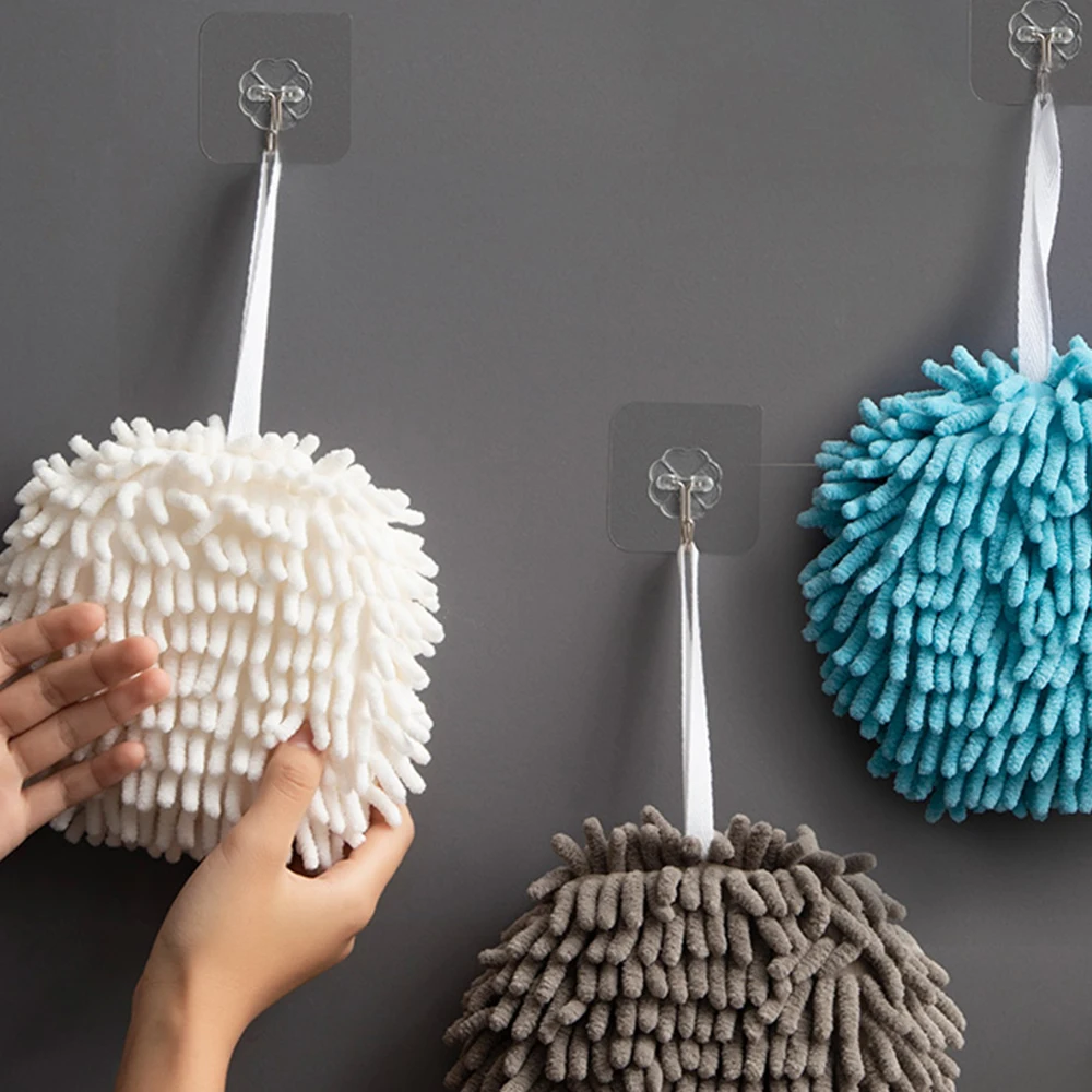 

1PC Soft Plush Chenille Hanging Towel Cute Ball Shape Quick-Drying Household Kitchen Bathroom Absorbent Handkerchief