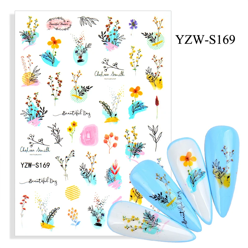 

3D Stickers for Nails Spring Summer Self-adhesive Sticker Grass Flowers Line Design Nail Art Decorations Nail Foil Accessories