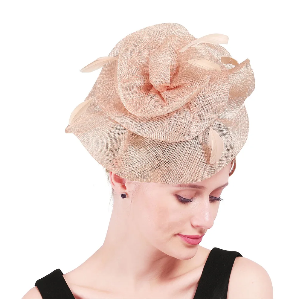 

Millinery Hat Sinamay Flower Wedding Fascinator Hat With Clips Women Fancy Feather Decor On Hair Bands Charming Headdress XMF324
