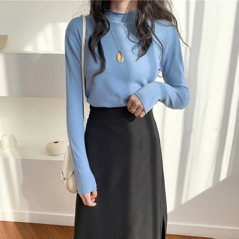 

Hot Sale Pullover 2021 Spring Autumn Women Knitted Turtleneck Sweater Casual Solid Slim Fit Female Pull Office Lady Tops